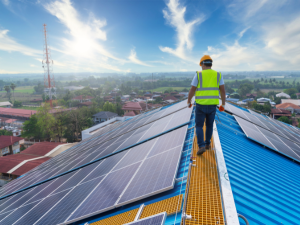 An experienced Palmer Heights roofer inspecting a newly installed solar roofing system.